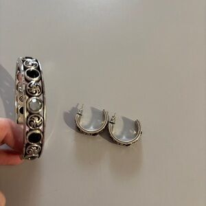 BRIGHTON Vintage Hinged Silver Bangle Matching‎ Rhinestone Earring Set Art Deco